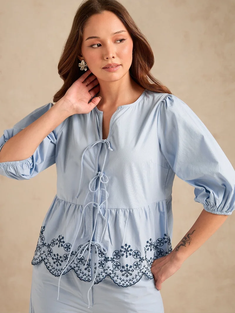 Outzidr  Blue Contrast Schiffli Regular Fit Shirt With Trouser for Women | Best Price UAE